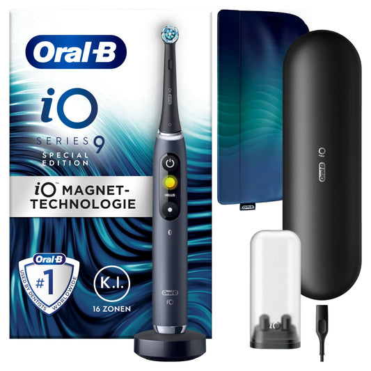 Oral-B iO Series 9 Electric Toothbrush, with 7 cleaning modes, tooth care, charging travel case & beauty pouch, Special Edition in black onyx.