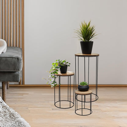 Wooden flower stool round 3-piece set - Ø 16/18 / 21 cm - Plant stand with metal frame - Flower column plant stand decorative stand side table