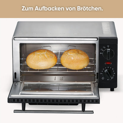 SEVERIN Mini Baking and Toast Oven, compact oven with grill rack and baking tray, with upper and lower heat, 800W, 9 L, silver/black, TO 2052