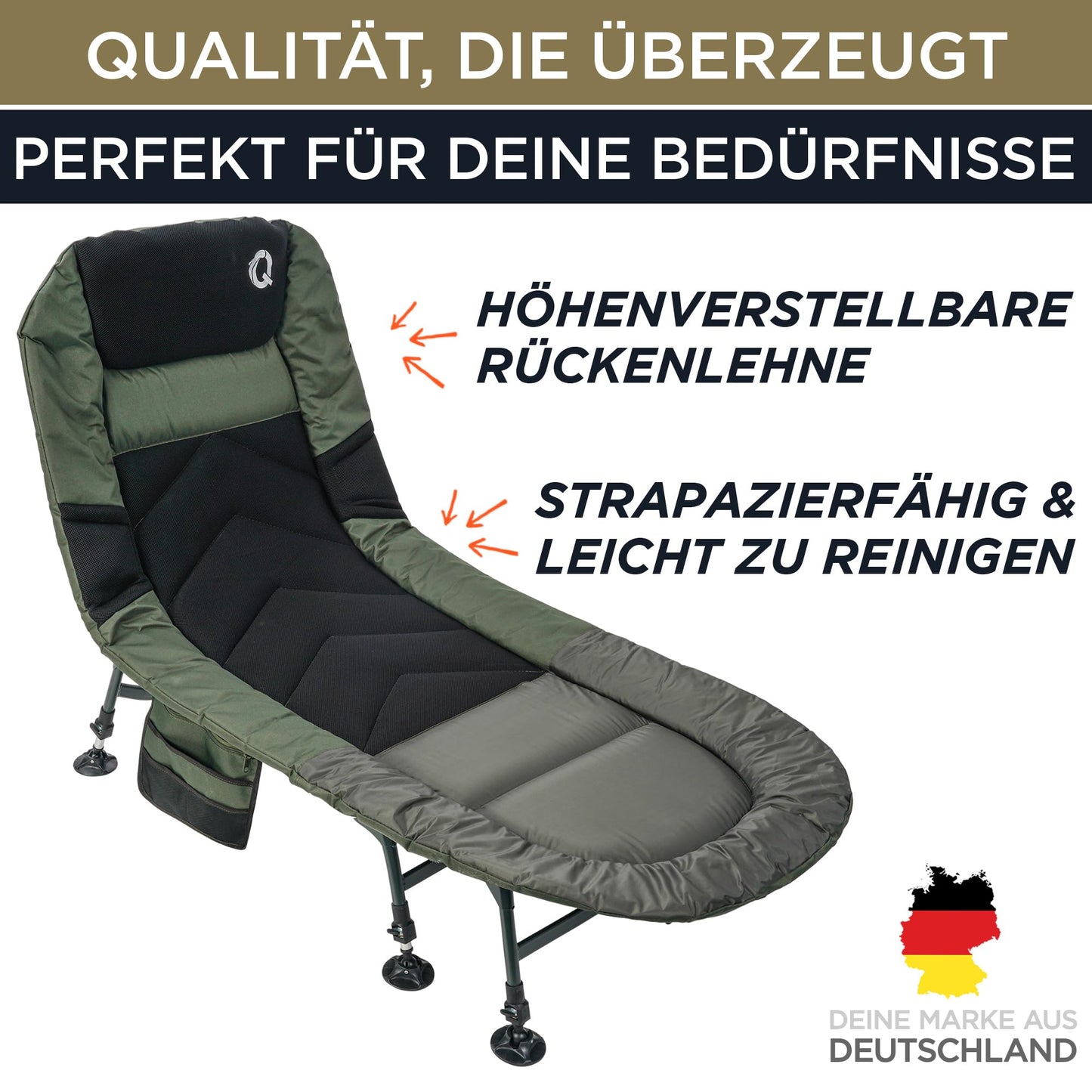 Q-Tac Carp Bed [Stable, Comfortable & Easy to Clean] - Fishing bed with extra-large mud feet, camp bed, carp fishing bed, camping bed