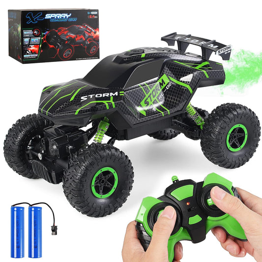 Herefun Remote Control Car, 2.4GHz Offroad RC Car, 4WD Remote Control Monster Truck with LED Light + Spray, Rechargeable High Speed RC Truck, Kids' Off-Road Car for ages 4 to 10 years old.