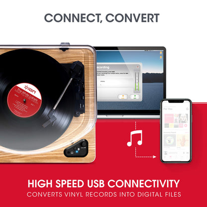 ION Audio Air LP - Vintage USB Bluetooth turntable with three speeds and vinyl to MP3 conversion for Mac/PC, elegant wood finish.
