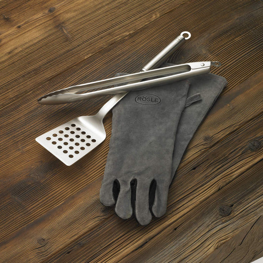RÖSLE Barbecue Set 3-piece, high-quality grill set with leather BBQ gloves, BBQ turner, 40 cm grill tongs, stainless steel 18/10, dishwasher safe.