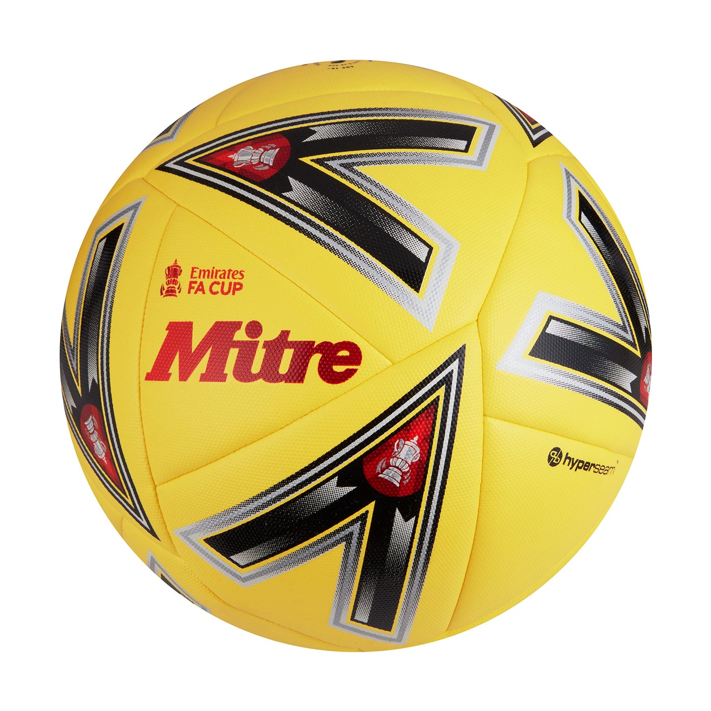 Mitre Match FA Cup soccer ball 22/23, yellow/black/red, size 30.