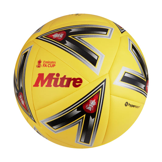 Mitre Match FA Cup soccer ball 22/23, yellow/black/red, size 30.