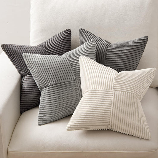 MIULEE 4-Pack Corduroy Pillow Cover Patchwork Cushion Case Soft Decorative Modern Invisible Zipper Throw Pillow Covers for Sofa Living Room Bedroom Grey Series 45x45 cm
