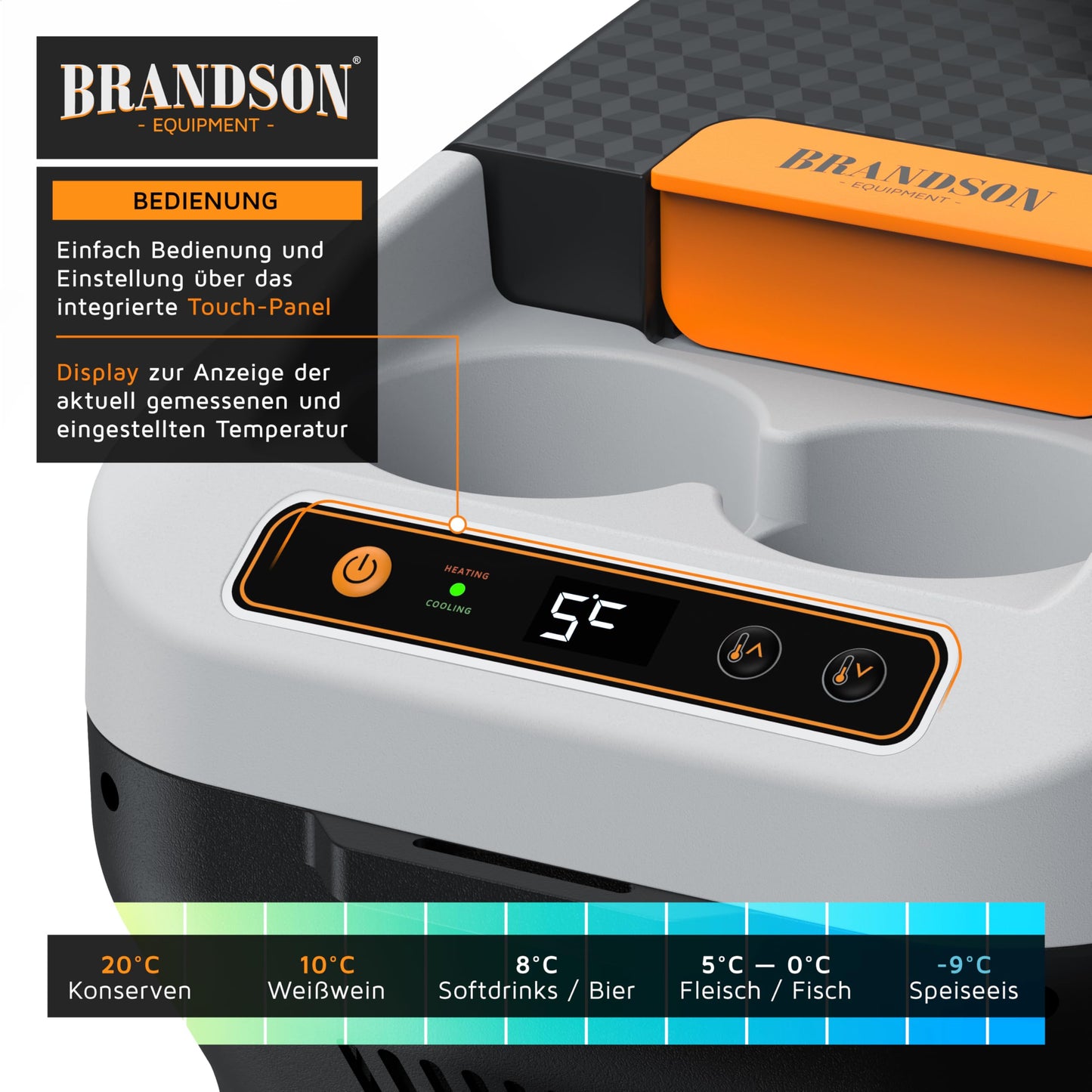 Brandson - Electric cooler box 10L - 230V mains voltage and 12V car battery voltage - cools and warms - heating up to 65°C max - cooling down approximately 20°C below ambient temperature - Cool Grey