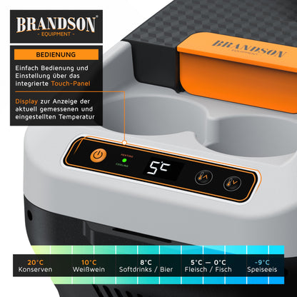 Brandson - Electric cooler box 10L - 230V mains voltage and 12V car battery voltage - cools and warms - heating up to 65°C max - cooling down approximately 20°C below ambient temperature - Cool Grey