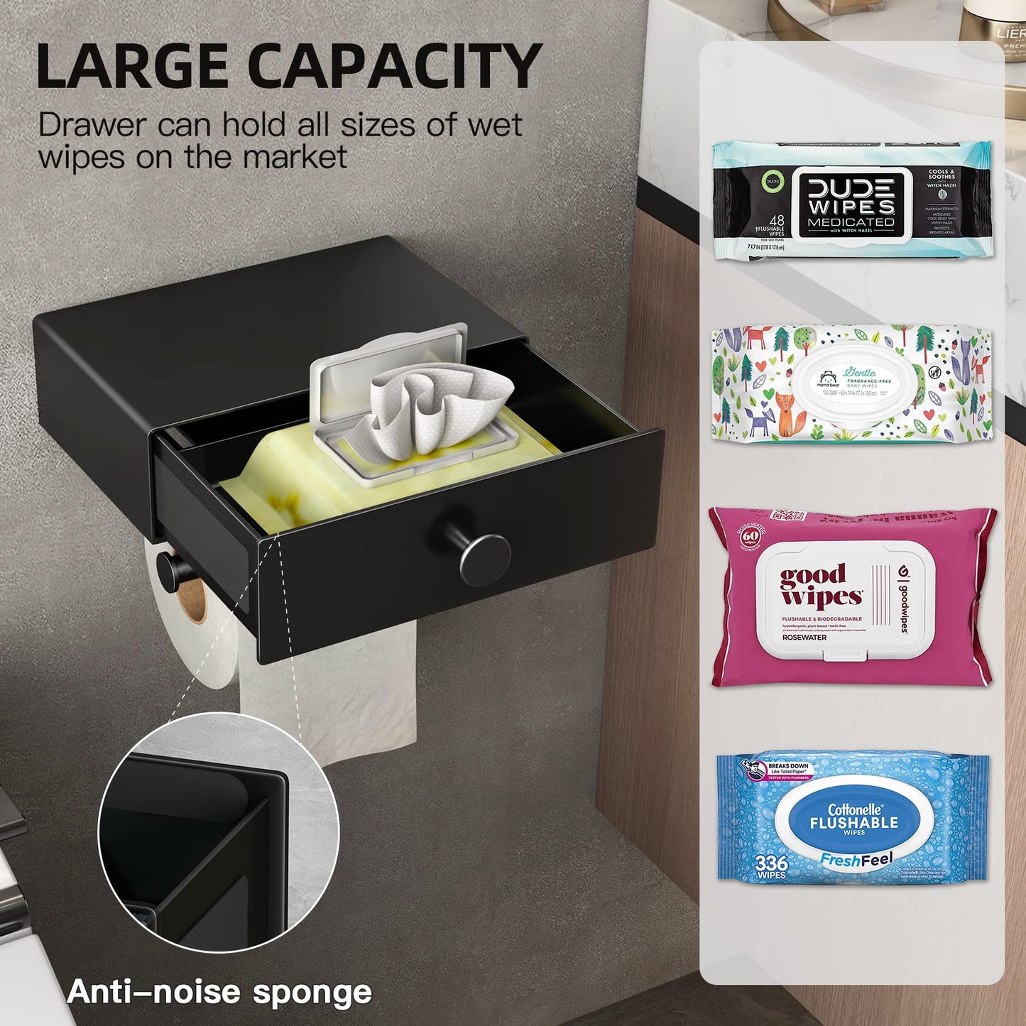 VOLDRA Toilet Paper Holder Without Drilling, Toilet Paper Holder With Wet Wipes Box Toilet Roll Holder With Drawer Shelf Paper Holder for Toilet & Bathroom - Wall Mount (Matte Black)