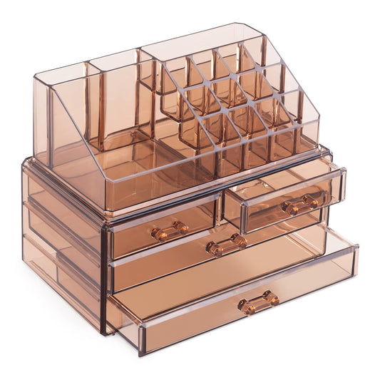 Navaris Makeup Storage Organizer - Cosmetic Storage Box made of transparent acrylic - Holder with drawers and compartments - 2in1 design - Brown