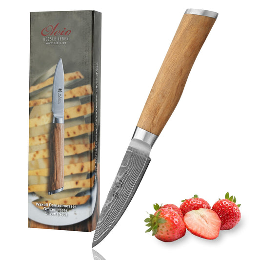 Wakoli Olive Damascus Office Knife | 8.5 cm blade made of 67 layers of Damascus steel with VG10 core | ergonomic olive wood handle | for fruits, vegetables & herbs | in gift box for professional & hobby chefs