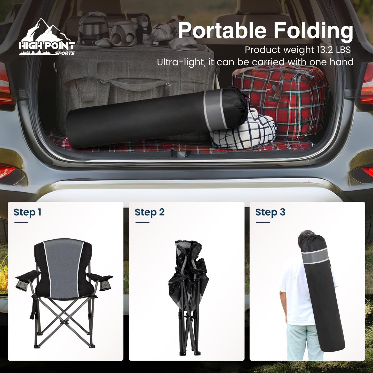 HIGH POINT SPORTS Folding Camping Chair up to 160kg Camping Seat Foldable Chair with Cup Holders Foldable Camping Chair Fishing Chair Foldable.