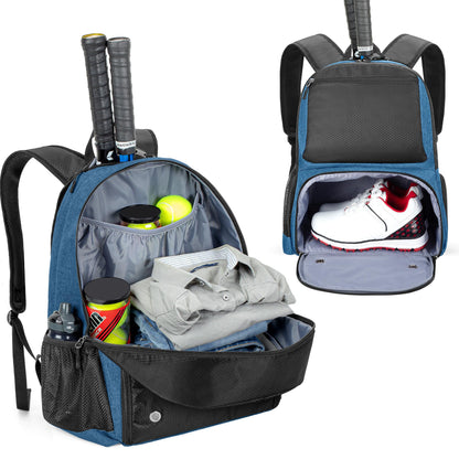 DSLEAF Tennis backpack with shoe compartment, tennis bag for 2 rackets with padded shoulder straps and separate ventilated shoe compartment for women and men
