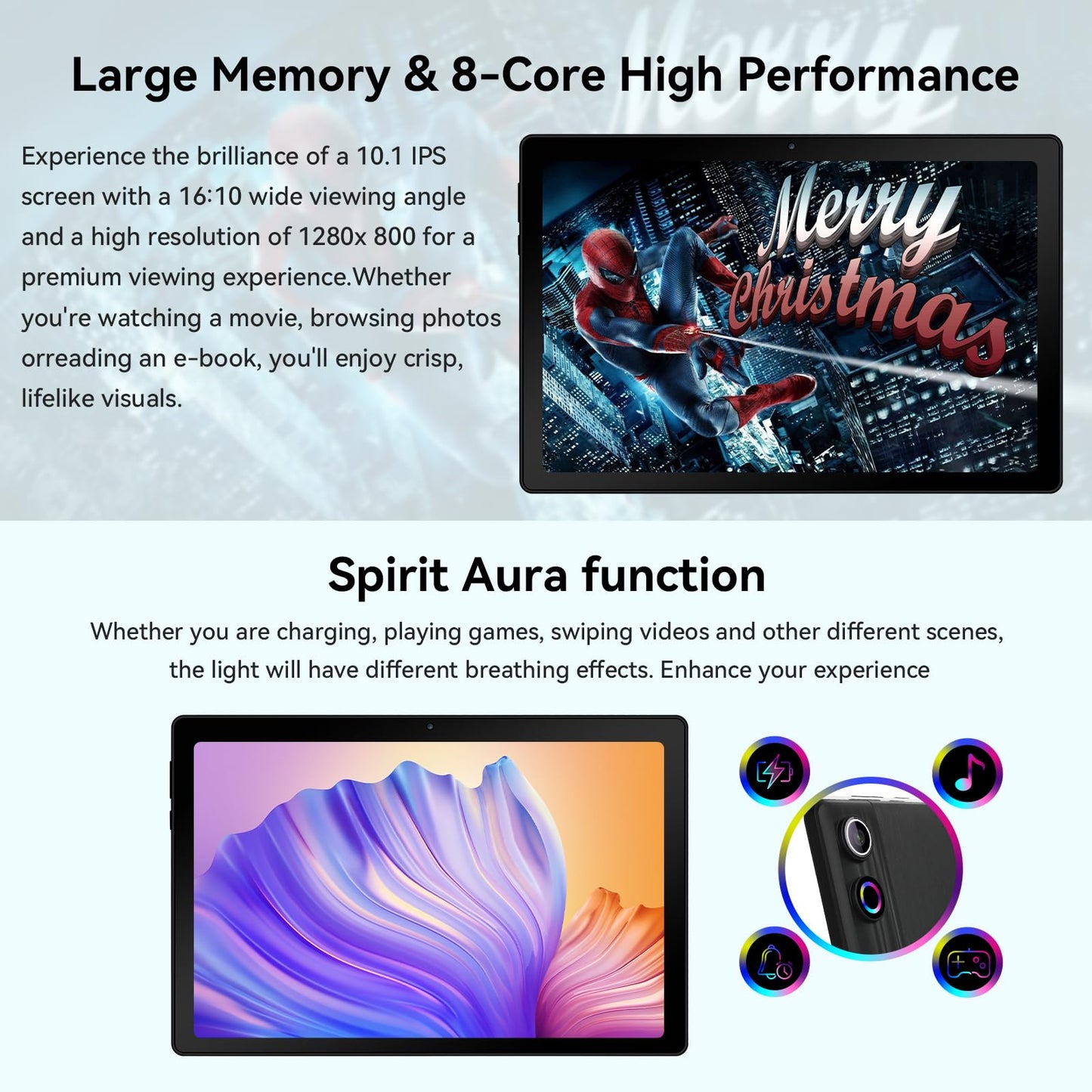 HotLight Tablet 10-inch Octa-Core processor, 10GB+64GB (TF 1TB), Spiritual Aura, WideVine L1, WiFi6, BT 5.3, 5000mAh, Android 14 tablet with USB OTG and Face Recognition, Black