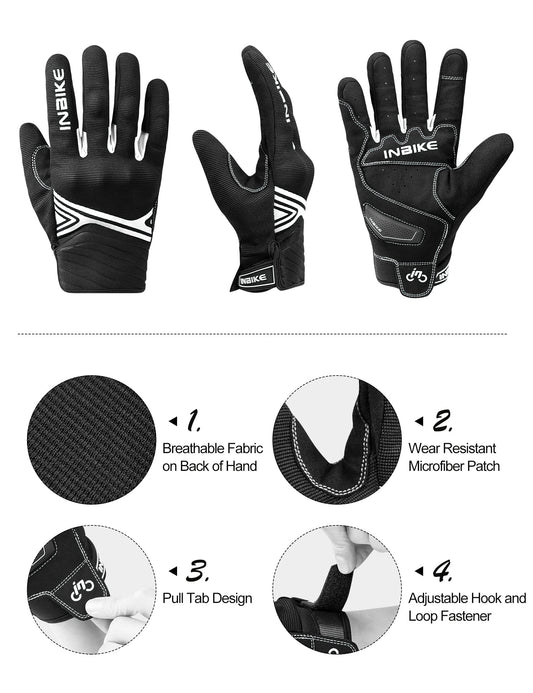 INBIKE motorcycle gloves for men and women, perfect for summer riding. Full-fingered protection, breathable design in black and white.