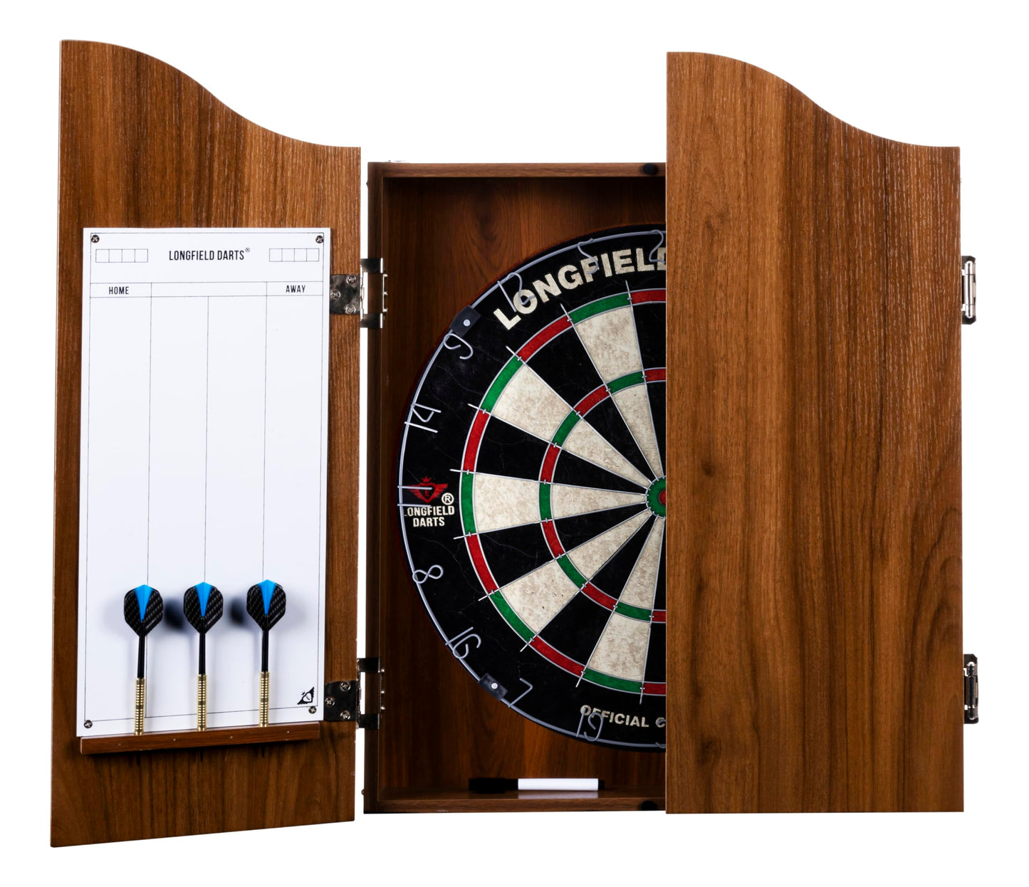 Engelhart wooden dart cabinet, sisal dartboard, includes 6 darts 18gr and accessories (chestnut)