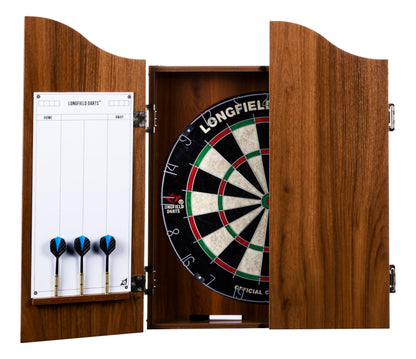 Engelhart wooden dart cabinet, sisal dartboard, includes 6 darts 18gr and accessories (chestnut)