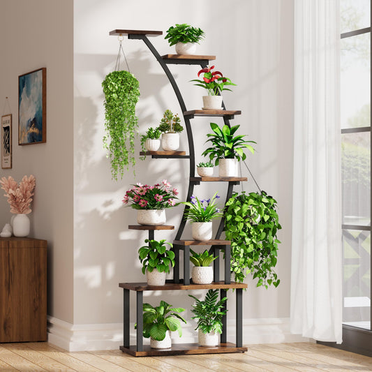 BACEKOLL Indoor Plant Stand: 9-tier metal plant shelf, 160cm tall, accommodates multiple houseplants, corner flower rack for living room, patio, metal/wood, black.