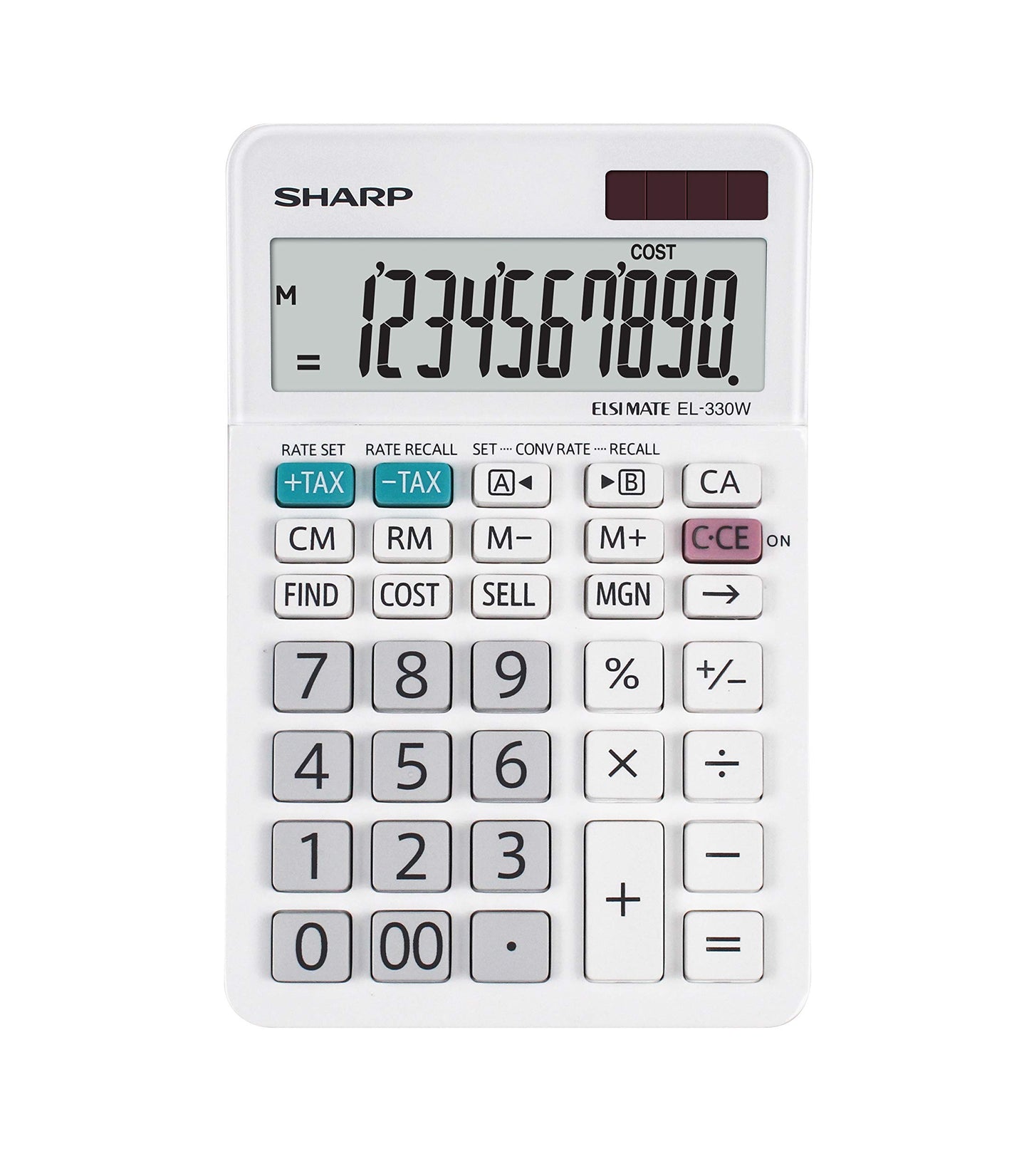 SHARP desk calculator with angled display (10-digit screen, solar/battery-powered) white SH-EL330W