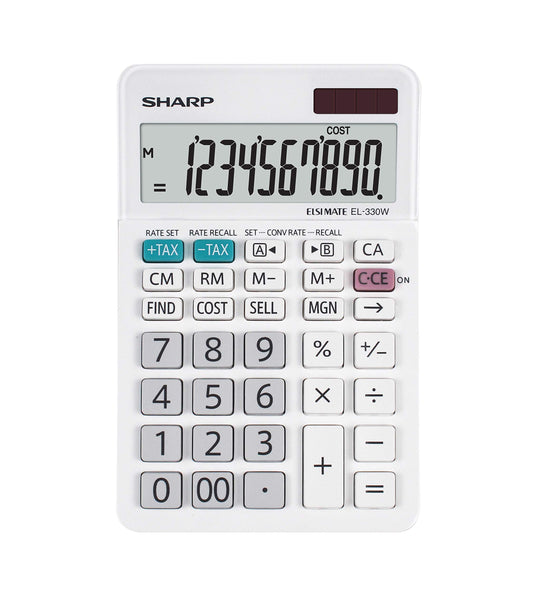 SHARP desk calculator with angled display (10-digit screen, solar/battery-powered) white SH-EL330W