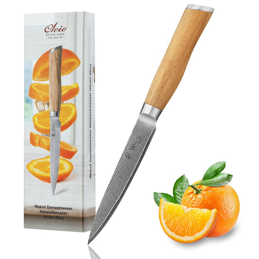 Wakoli Olive Damascus Knife Utility Knife | Kitchen knife with 12.5 cm blade of 67 layers of Damascus steel with VG10 core | Olive wood handle | for vegetables, meat & fruit | Vegetable knife in gift box