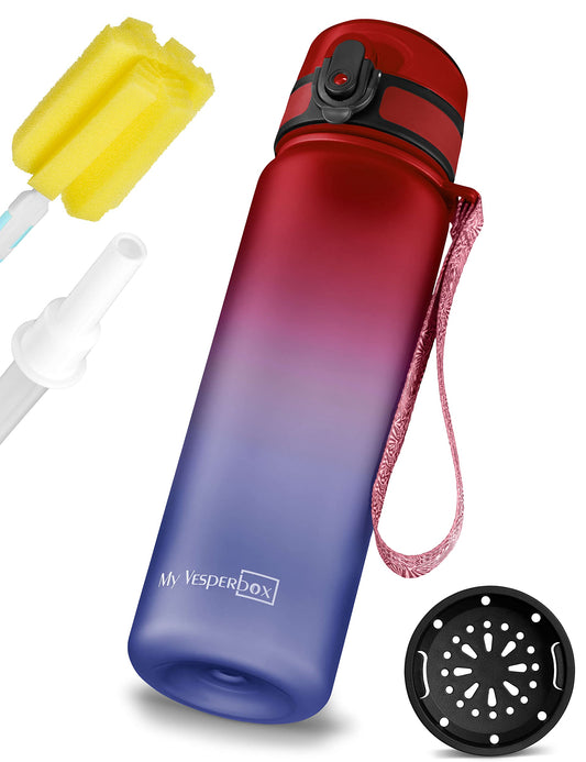 My Vesperbox Minny Kids Water Bottle 500ml - Leakproof & BPA-free - includes spare seal, cleaning brush, fruit infuser & optional straw - perfect for school, kindergarten & sports.