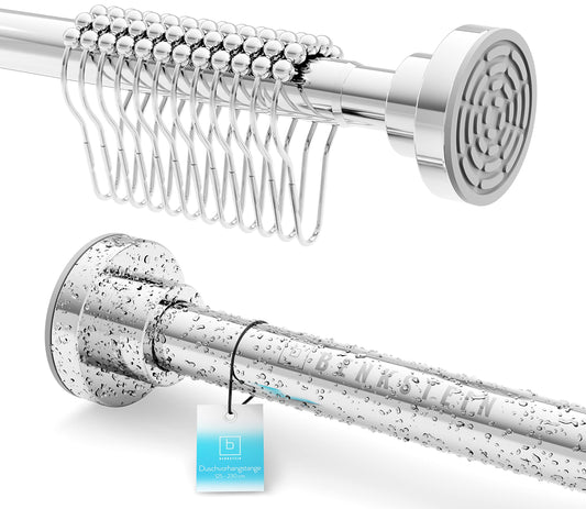 Benkstein® extendable shower rod without drilling 125-220 cm - Stainless steel curtain rod with 12 rings - Telescopic tension rod stable curtain rod without drilling shower rod curtain rod without drilling