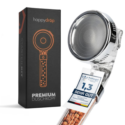 Premium shower head with mineral stones from happydrop - The water-saving handheld shower head with 3 spray modes.