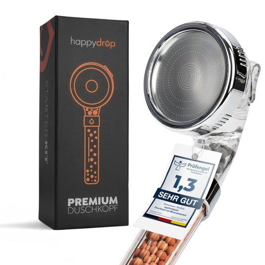 Premium shower head with mineral stones from happydrop - The water-saving handheld shower head with 3 spray modes.