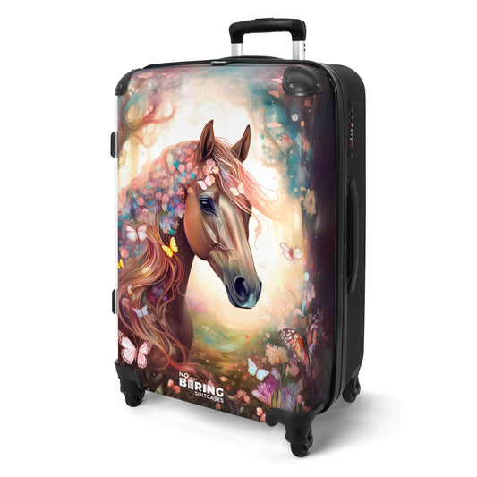 NoBoringSuitcases.com® Travel luggage for kids, suitcase for girls. Lightweight travel trolley with wheels. Horse - flowers - butterflies design. Medium-sized children's luggage, 67x43x25cm.