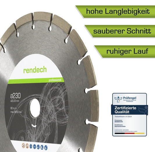 2x Professional Diamond Disc 230mm for stone, concrete, granite, bricks, and more. Diamond cutting disc with high cutting performance | rendech® brand quality.