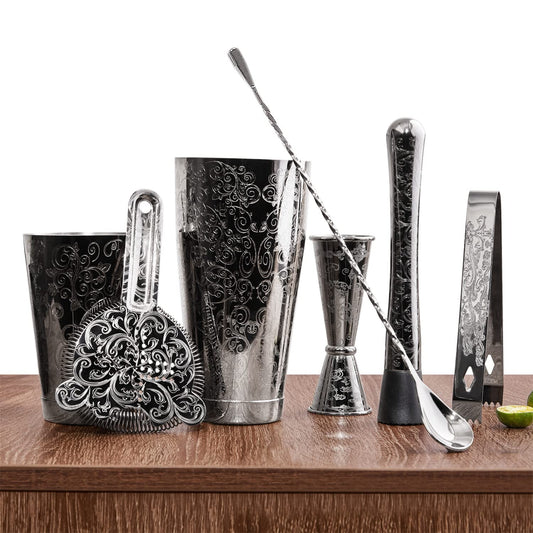 Sky Fish Cocktail Shaker Set, Etched Cocktail Shaker Kit in Gift Box 7 Piece Set, Hand wash only. (Black)
