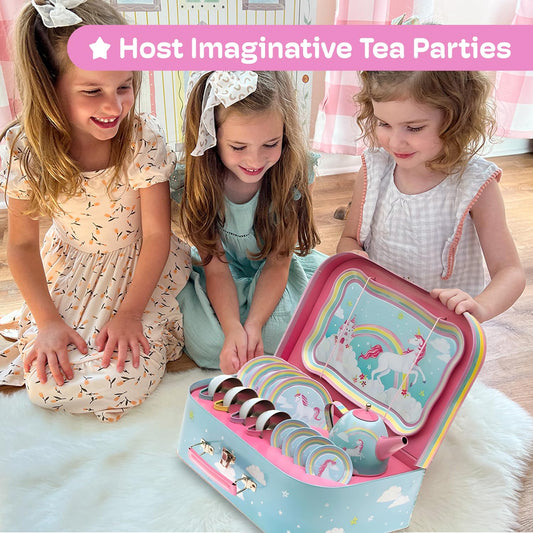 Jewelkeeper - Children's Tin Tea Set & Carry Case, Kids Pretend Play Kitchen Toy Dishes, 15-Pieces - Rainbow Unicorn Design