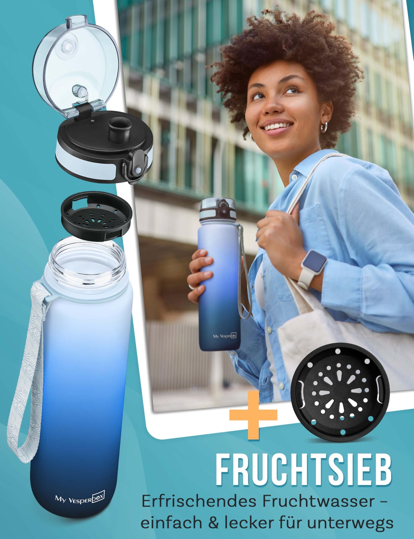 My Vesperbox 1L water bottle - leak-proof & BPA-free - for kids & adults - includes spare seal, cleaning brush, fruit infuser & optional straw - perfect for school, office, sports & leisure.