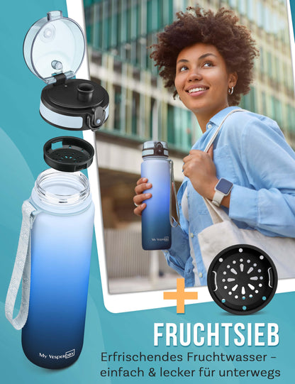 My Vesperbox 1L water bottle - leak-proof & BPA-free - for kids & adults - includes spare seal, cleaning brush, fruit infuser & optional straw - perfect for school, office, sports & leisure.
