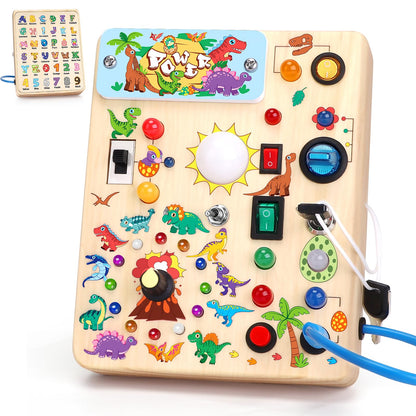 Hello Dinosaur Montessori Toy for ages 1 Busy Board Activity Board Toy for ages 2 Wooden toy with 10 switches 23 LED lights Sensory Learning Toys for 1 2 3 year old boys