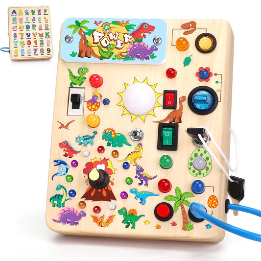 Hello Dinosaur Montessori Toy for ages 1 Busy Board Activity Board Toy for ages 2 Wooden toy with 10 switches 23 LED lights Sensory Learning Toys for 1 2 3 year old boys