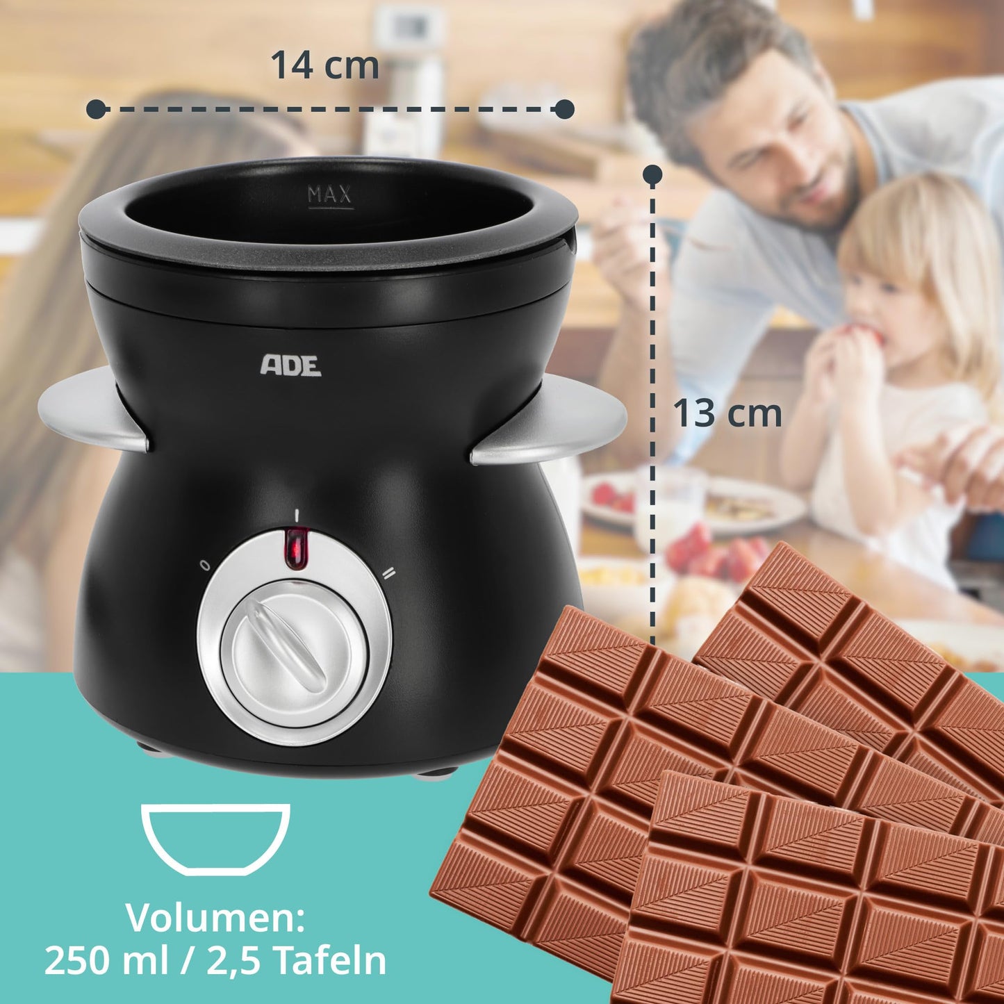 ADE Electric Chocolate Fondue 250ml with 6 skewers | 2 temperature levels for melting and keeping warm | tempering device for chocolate and couverture | removable Teflon-coated bowl