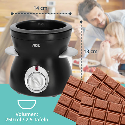 ADE Electric Chocolate Fondue 250ml with 6 skewers | 2 temperature levels for melting and keeping warm | tempering device for chocolate and couverture | removable Teflon-coated bowl