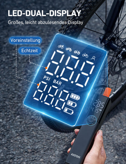 AstroAI Bike Pump Electric Air Pump, 150PSI Portable Battery Bike Pump for all valves, High-pressure motor designed for bikes, Rechargeable for city bikes, road bikes, mountain bikes, Blue
