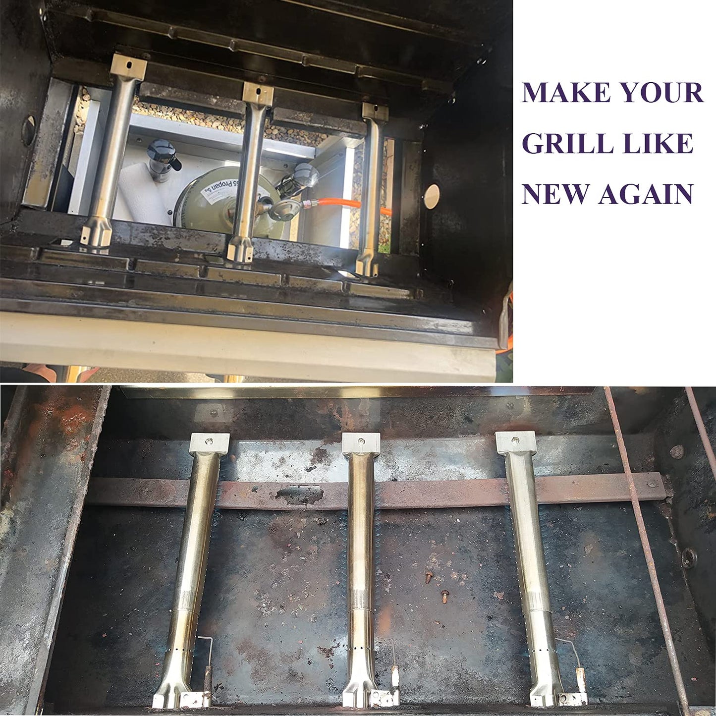 GFTIME 31 to 42cm Universal Burner Adjustable Replacement Parts for Tepro, Barbecook, Campingaz, Charbroil, Blooma. Adjustable stainless steel gas grill burner replacement accessories, 3 pieces.
