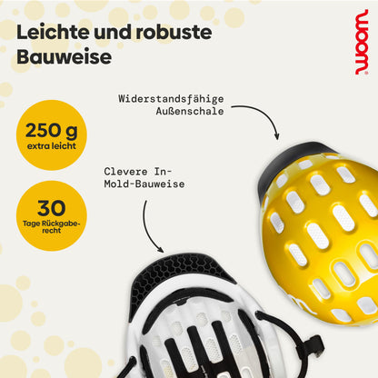 woom Kids Helmet, bike helmet for children, with visor, for boys and girls, 46-50 cm, size XS, adjustable, impact protection, Yellow (Sunny Yellow)