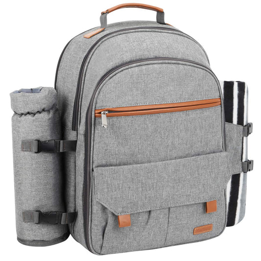 Sunflora Picnic Backpack Set for 4 with Insulated Cooling and Blanket, Picnic Basket for 4 People for Camping Outdoor (Gray)