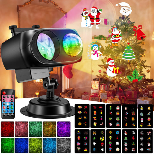 YAZEKY Christmas Outdoor Projector - 10 Films 2-in-1 LED Projection Lamp Christmas with 8 Patterns 10 Colors, Waterproof Christmas Light Projector with Remote Control for Christmas Party Decor.