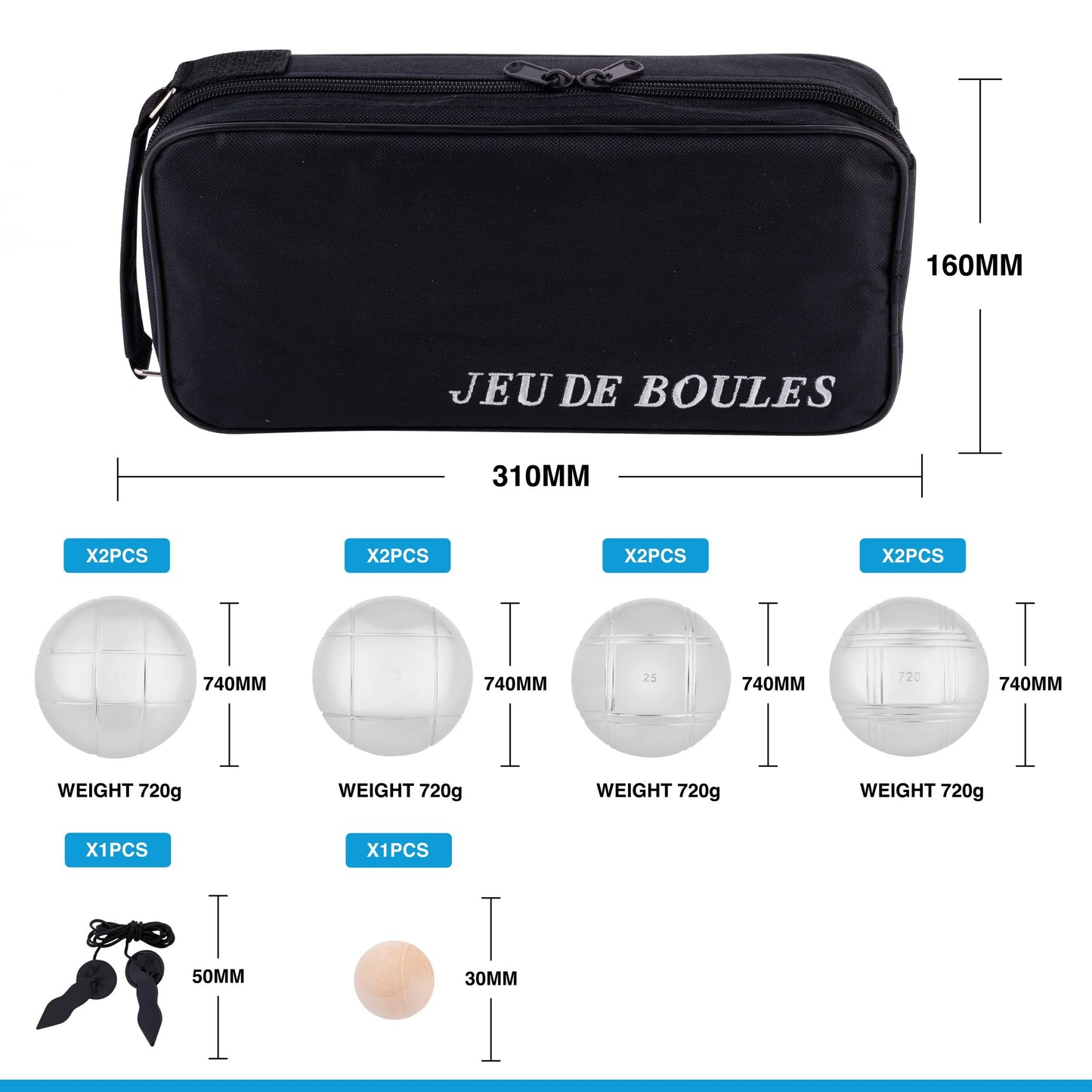 Engelhart - 010203 - Carrying bag with 8 Petanque Boules - Including distance measurer - Practical bag - Outdoor game - Metal boules and wooden cochonnet - Ages 6+