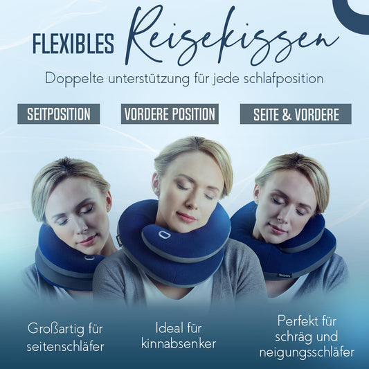 BCOZZY Neck Pillow for Airplane - Patented travel pillow with dual support for head, neck, and chin. Perfect for long flights and car rides. Adjustable. Washable. Includes carrying case. XL, Blue.