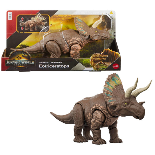 Mattel Jurassic World: The Rebirth Gigantic Thrashers Eotriceratops dinosaur toy figure, large dinosaur species, with two activatable rage attacks, digital game, JGB93.