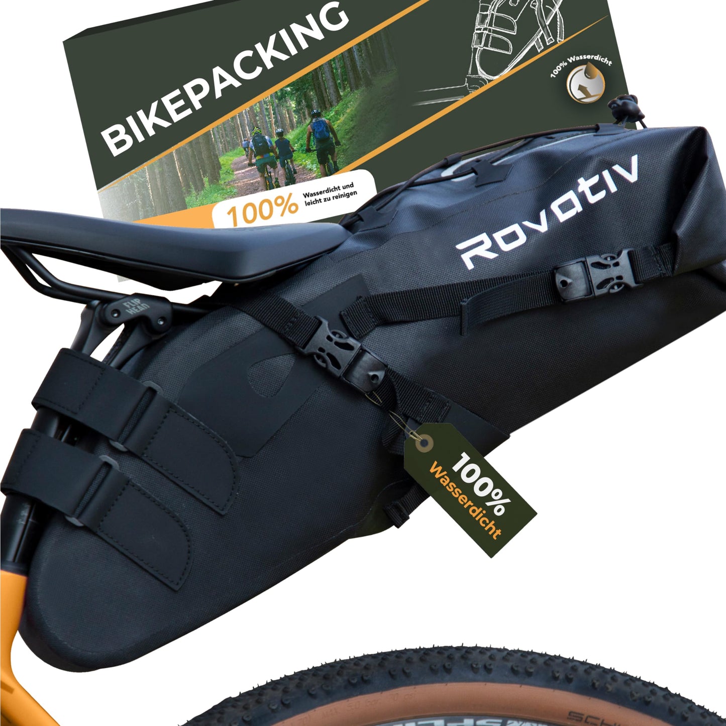 Rovativ® - Bikepacking Saddle Bag [10 liters] 100% Waterproof - Extremely secure attachment - Bike Saddle Bag made of TPU fabric - for Gravelbike and MTB Bike Packing