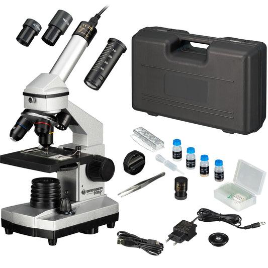 Bresser Junior Microscope Set 40x-1024x with USB camera and bright LED illumination for transmitted light observations, includes comprehensive accessory package and sturdy hard-shell case.