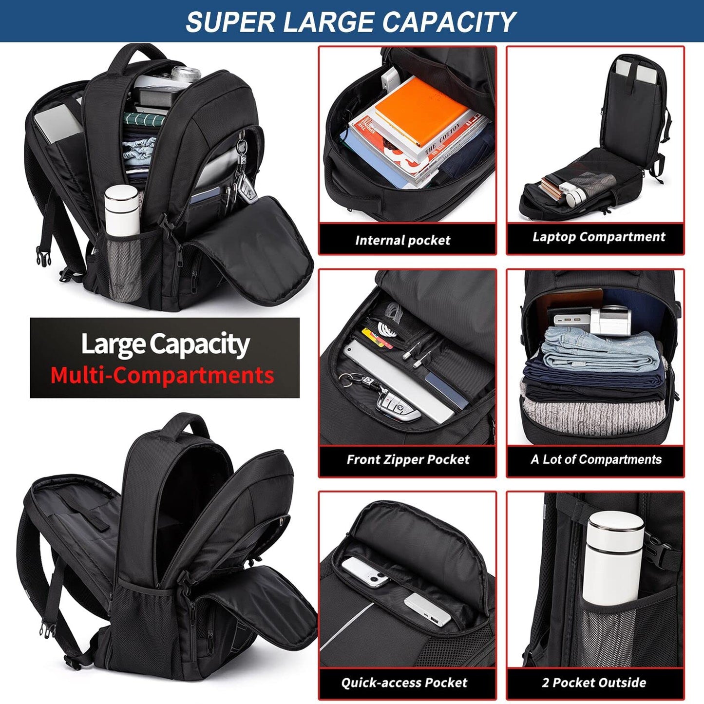 Extra Large Backpack Men 55L Waterproof 18.4 Inch Laptop Bag Work Laptop with USB Charging Port Anti Theft Business Travel School Backpack for Men Women Boys Teenagers Black